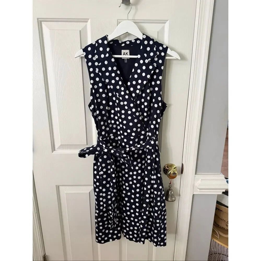 Anne Klein Black & White Polka Dot Sleeveless Collared Tie Belted Dress sz 12 EU